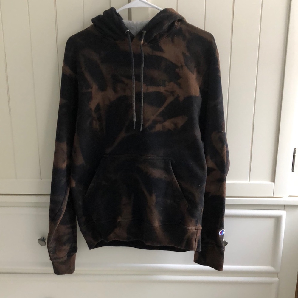 Small custom tie dye black and brown Champion hoodie